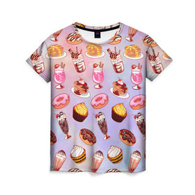 Женская футболка 3D с принтом Очень Сладкий Паттерн в Екатеринбурге, 100% полиэфир ( синтетическое хлопкоподобное полотно) | прямой крой, круглый вырез горловины, длина до линии бедер | блины | вкусняшка | еда | кекс | клубника | коктейль | мороженое | панкейк | пончик | сладости
