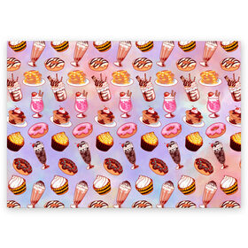 Поздравительная открытка с принтом Очень Сладкий Паттерн в Екатеринбурге, 100% бумага | плотность бумаги 280 г/м2, матовая, на обратной стороне линовка и место для марки
 | Тематика изображения на принте: блины | вкусняшка | еда | кекс | клубника | коктейль | мороженое | панкейк | пончик | сладости