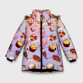 Зимняя куртка для девочек 3D с принтом Очень Сладкий Паттерн в Екатеринбурге, ткань верха — 100% полиэстер; подклад — 100% полиэстер, утеплитель — 100% полиэстер. | длина ниже бедра, удлиненная спинка, воротник стойка и отстегивающийся капюшон. Есть боковые карманы с листочкой на кнопках, утяжки по низу изделия и внутренний карман на молнии. 

Предусмотрены светоотражающий принт на спинке, радужный светоотражающий элемент на пуллере молнии и на резинке для утяжки. | Тематика изображения на принте: блины | вкусняшка | еда | кекс | клубника | коктейль | мороженое | панкейк | пончик | сладости