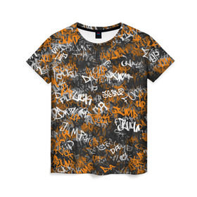 Женская футболка 3D с принтом Jump da f#ck up! в Екатеринбурге, 100% полиэфир ( синтетическое хлопкоподобное полотно) | прямой крой, круглый вырез горловины, длина до линии бедер | slipknot | soulfly | u rban | белый | графити | граффити | камуфляж | надпись | оранжевый | черный
