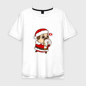 Мужская футболка хлопок Oversize с принтом Puglie Pug Новогодний в Екатеринбурге, 100% хлопок | свободный крой, круглый ворот, “спинка” длиннее передней части | 2019 | kawaii | злюка | каваи | мопс | новый год | пес | пончик | собака