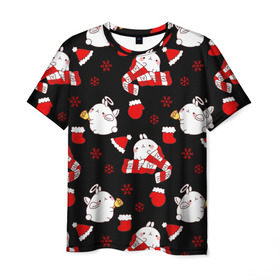 Мужская футболка 3D с принтом Molang Новогодний Паттерн в Екатеринбурге, 100% полиэфир | прямой крой, круглый вырез горловины, длина до линии бедер | kawaii | аниме | зайчик | зая | каваи | кролик | мимими | моланг | нг | новый год | рождество | снежинка