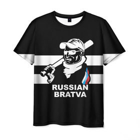 Мужская футболка 3D с принтом RUSSIAN BRATVA в Екатеринбурге, 100% полиэфир | прямой крой, круглый вырез горловины, длина до линии бедер | mafia | russian | бандит | герб | мафия | россия | флаг
