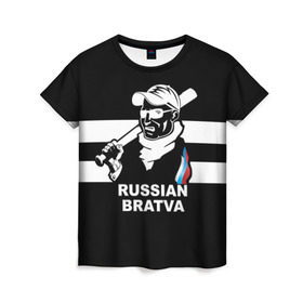 Женская футболка 3D с принтом RUSSIAN BRATVA в Екатеринбурге, 100% полиэфир ( синтетическое хлопкоподобное полотно) | прямой крой, круглый вырез горловины, длина до линии бедер | Тематика изображения на принте: mafia | russian | бандит | герб | мафия | россия | флаг
