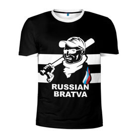 Мужская футболка 3D спортивная с принтом RUSSIAN BRATVA в Екатеринбурге, 100% полиэстер с улучшенными характеристиками | приталенный силуэт, круглая горловина, широкие плечи, сужается к линии бедра | Тематика изображения на принте: mafia | russian | бандит | герб | мафия | россия | флаг