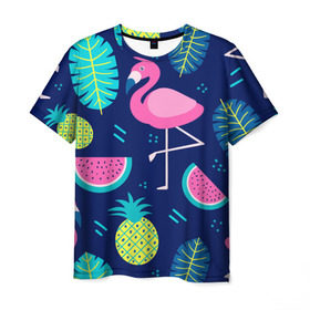 Мужская футболка 3D с принтом Фламинго в Екатеринбурге, 100% полиэфир | прямой крой, круглый вырез горловины, длина до линии бедер | flamingo | ананас | арбуз | летние | летняя | лето | листья | текстура | фламинго | фрукты