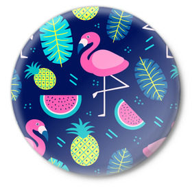 Значок с принтом Фламинго в Екатеринбурге,  металл | круглая форма, металлическая застежка в виде булавки | flamingo | ананас | арбуз | летние | летняя | лето | листья | текстура | фламинго | фрукты