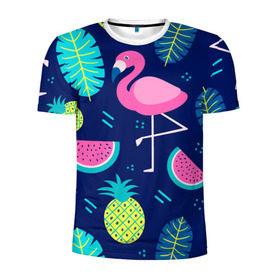 Мужская футболка 3D спортивная с принтом Фламинго в Екатеринбурге, 100% полиэстер с улучшенными характеристиками | приталенный силуэт, круглая горловина, широкие плечи, сужается к линии бедра | flamingo | ананас | арбуз | летние | летняя | лето | листья | текстура | фламинго | фрукты