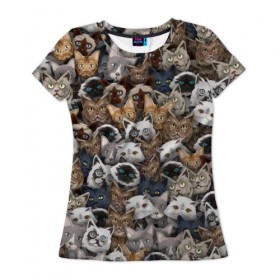 Женская футболка 3D с принтом Коты разных пород в Екатеринбурге, 100% полиэфир ( синтетическое хлопкоподобное полотно) | прямой крой, круглый вырез горловины, длина до линии бедер | бенгальский | кот | котик | котики | кошка | мейн кун | паттерн | персидский | сиамский | сфинкс