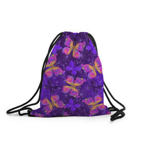Рюкзак-мешок 3D с принтом Розовые бабочки в Екатеринбурге, 100% полиэстер | плотность ткани — 200 г/м2, размер — 35 х 45 см; лямки — толстые шнурки, застежка на шнуровке, без карманов и подкладки | butterflies | бабочки | паттерн | розовый | фиолетовый