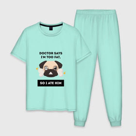 Мужская пижама хлопок с принтом Футболка с мопсом в Екатеринбурге, 100% хлопок | брюки и футболка прямого кроя, без карманов, на брюках мягкая резинка на поясе и по низу штанин
 | Тематика изображения на принте: бульдог | дог | животные | мопс | собака | толстый | юмор
