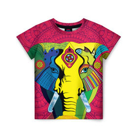 Детская футболка 3D с принтом Мама Индия. Ганеша в Екатеринбурге, 100% гипоаллергенный полиэфир | прямой крой, круглый вырез горловины, длина до линии бедер, чуть спущенное плечо, ткань немного тянется | ганеша | индия | кислота | психоделика | слон | ярко