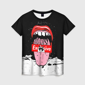 Женская футболка 3D с принтом Exclusive в Екатеринбурге, 100% полиэфир ( синтетическое хлопкоподобное полотно) | прямой крой, круглый вырез горловины, длина до линии бедер | exclusive | rip n dip | губы | кот | суприм | язык