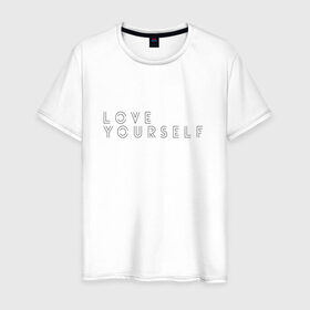 Мужская футболка хлопок с принтом LOVE YOURSELF_2 в Екатеринбурге, 100% хлопок | прямой крой, круглый вырез горловины, длина до линии бедер, слегка спущенное плечо. | Тематика изображения на принте: bangtan boys | bts | бантаны | бтс