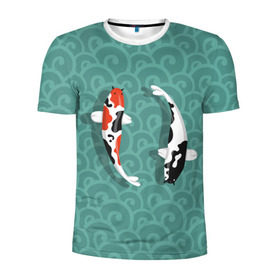 Мужская футболка 3D спортивная с принтом Японские рыбки в Екатеринбурге, 100% полиэстер с улучшенными характеристиками | приталенный силуэт, круглая горловина, широкие плечи, сужается к линии бедра | карпы | кои | рыбы | япония