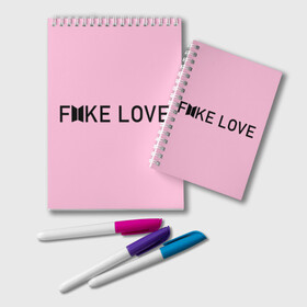 Блокнот с принтом FAKE LOVE_pink в Екатеринбурге, 100% бумага | 48 листов, плотность листов — 60 г/м2, плотность картонной обложки — 250 г/м2. Листы скреплены удобной пружинной спиралью. Цвет линий — светло-серый
 | Тематика изображения на принте: bangtan boys | bts | бантаны | бтс
