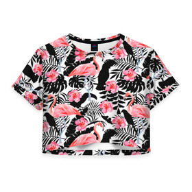 Женская футболка 3D укороченная с принтом Pattern Flamingo в Екатеринбурге, 100% полиэстер | круглая горловина, длина футболки до линии талии, рукава с отворотами | 