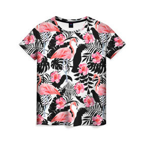 Женская футболка 3D с принтом Pattern Flamingo в Екатеринбурге, 100% полиэфир ( синтетическое хлопкоподобное полотно) | прямой крой, круглый вырез горловины, длина до линии бедер | Тематика изображения на принте: 