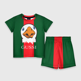 Детский костюм с шортами 3D с принтом GUSSI в Екатеринбурге,  |  | gucci | gussi ga ga ga | gussi gang | бренд | гусь | птица