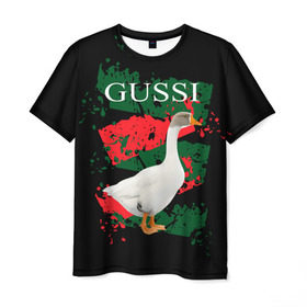 Мужская футболка 3D с принтом Gussi в Екатеринбурге, 100% полиэфир | прямой крой, круглый вырез горловины, длина до линии бедер | gucci | gussi ga ga ga | gussi gang | бренд | гусь | птица