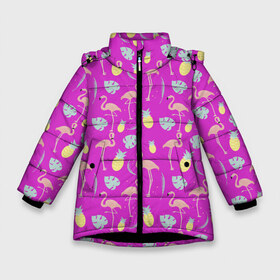 Зимняя куртка для девочек 3D с принтом Тропическое наслаждения в Екатеринбурге, ткань верха — 100% полиэстер; подклад — 100% полиэстер, утеплитель — 100% полиэстер. | длина ниже бедра, удлиненная спинка, воротник стойка и отстегивающийся капюшон. Есть боковые карманы с листочкой на кнопках, утяжки по низу изделия и внутренний карман на молнии. 

Предусмотрены светоотражающий принт на спинке, радужный светоотражающий элемент на пуллере молнии и на резинке для утяжки. | африка | крылья | мода | прикольные | природа | птица | розовый | фламинго | цвет | яркие