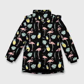 Зимняя куртка для девочек 3D с принтом Розовый фламинго в Екатеринбурге, ткань верха — 100% полиэстер; подклад — 100% полиэстер, утеплитель — 100% полиэстер. | длина ниже бедра, удлиненная спинка, воротник стойка и отстегивающийся капюшон. Есть боковые карманы с листочкой на кнопках, утяжки по низу изделия и внутренний карман на молнии. 

Предусмотрены светоотражающий принт на спинке, радужный светоотражающий элемент на пуллере молнии и на резинке для утяжки. | африка | крылья | мода | прикольные | природа | птица | розовый | фламинго | цвет | яркие