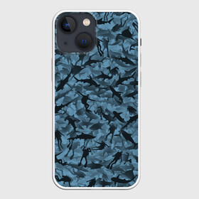 Чехол для iPhone 13 mini с принтом Акулы и дайверы в Екатеринбурге,  |  | аквалангист | камуфляж | милитари | молот | море | рыба