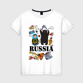 Женская футболка хлопок с принтом Россия в Екатеринбурге, 100% хлопок | прямой крой, круглый вырез горловины, длина до линии бедер, слегка спущенное плечо | балалайка | матрёшка | медведь | россия | стереотипы