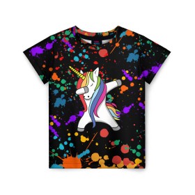 Детская футболка 3D с принтом ЕДИНОРОГ РАДУГА (ЧЕРНЫЙ) в Екатеринбурге, 100% гипоаллергенный полиэфир | прямой крой, круглый вырез горловины, длина до линии бедер, чуть спущенное плечо, ткань немного тянется | color | dab | pony | rainbow | unicornis dab | брызги | даб | единорог | единорог радуга | животные | краски | красочные | ляпистые | пони | радуга | цвета радуги