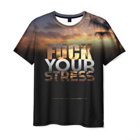 Мужская футболка 3D с принтом Fuck Your Stress в Екатеринбурге, 100% полиэфир | прямой крой, круглый вырез горловины, длина до линии бедер | black | orange | palm trees | stress | sunset | yellow | your | желтый | закат | оранжевый | пальмы | стресс | твой | черный