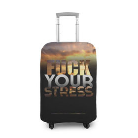 Чехол для чемодана 3D с принтом Fuck Your Stress в Екатеринбурге, 86% полиэфир, 14% спандекс | двустороннее нанесение принта, прорези для ручек и колес | black | orange | palm trees | stress | sunset | yellow | your | желтый | закат | оранжевый | пальмы | стресс | твой | черный