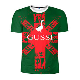 Мужская футболка 3D спортивная с принтом GUSSI Union Jack в Екатеринбурге, 100% полиэстер с улучшенными характеристиками | приталенный силуэт, круглая горловина, широкие плечи, сужается к линии бедра | Тематика изображения на принте: gucci | gussi ga ga ga | gussi gang | бренд | британия | великобритания | птица | юнион джек