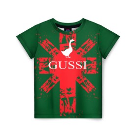 Детская футболка 3D с принтом GUSSI Union Jack в Екатеринбурге, 100% гипоаллергенный полиэфир | прямой крой, круглый вырез горловины, длина до линии бедер, чуть спущенное плечо, ткань немного тянется | Тематика изображения на принте: gucci | gussi ga ga ga | gussi gang | бренд | британия | великобритания | птица | юнион джек