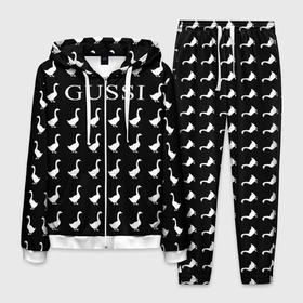 Мужской костюм 3D с принтом Gussi Black в Екатеринбурге, 100% полиэстер | Манжеты и пояс оформлены тканевой резинкой, двухслойный капюшон со шнурком для регулировки, карманы спереди | gucci | gussi ga ga ga | gussi gang | бренд | гусь | птица
