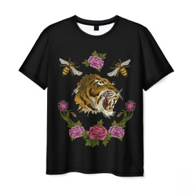Мужская футболка 3D с принтом GG Tiger в Екатеринбурге, 100% полиэфир | прямой крой, круглый вырез горловины, длина до линии бедер | bee | brand | flower | flowers | gg | ggang | gucci | guccigang | tiger | вышивка | гг | гуччи | пчела | пчелы | тигр | цветок | цветы