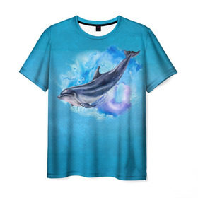 Мужская футболка 3D с принтом Дельфин в Екатеринбурге, 100% полиэфир | прямой крой, круглый вырез горловины, длина до линии бедер | dolphin | акварель | дельфин | море | морские млекопитающие | океан | синий