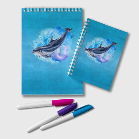 Блокнот с принтом Дельфин в Екатеринбурге, 100% бумага | 48 листов, плотность листов — 60 г/м2, плотность картонной обложки — 250 г/м2. Листы скреплены удобной пружинной спиралью. Цвет линий — светло-серый
 | Тематика изображения на принте: dolphin | акварель | дельфин | море | морские млекопитающие | океан | синий