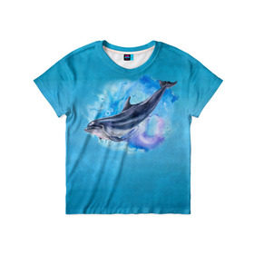 Детская футболка 3D с принтом Дельфин в Екатеринбурге, 100% гипоаллергенный полиэфир | прямой крой, круглый вырез горловины, длина до линии бедер, чуть спущенное плечо, ткань немного тянется | dolphin | акварель | дельфин | море | морские млекопитающие | океан | синий