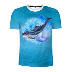 Мужская футболка 3D спортивная с принтом Дельфин в Екатеринбурге, 100% полиэстер с улучшенными характеристиками | приталенный силуэт, круглая горловина, широкие плечи, сужается к линии бедра | Тематика изображения на принте: dolphin | акварель | дельфин | море | морские млекопитающие | океан | синий