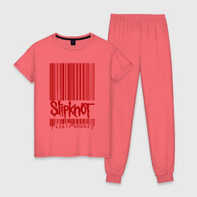 Женская пижама хлопок с принтом SlipKnot штрих код в Екатеринбурге, 100% хлопок | брюки и футболка прямого кроя, без карманов, на брюках мягкая резинка на поясе и по низу штанин | 1999 | got | slipknot. mad | группа | код | логотип | надпись | слипкнот | штрих | штрихкод | эмблема