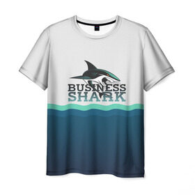 Мужская футболка 3D с принтом Бизнес-акула в Екатеринбурге, 100% полиэфир | прямой крой, круглый вырез горловины, длина до линии бедер | business | fish | letterin | sea | shark | water | акула | белый | бизнес | вектор | вода | зубы | логотип | море | надпись | оранжевый | охотник | рыба | синий | текст | тень | хищник | черный
