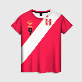 Женская футболка 3D с принтом Форма сборной Перу №9 в Екатеринбурге, 100% полиэфир ( синтетическое хлопкоподобное полотно) | прямой крой, круглый вырез горловины, длина до линии бедер | 