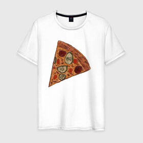 Мужская футболка хлопок с принтом Пицца кусочек в Екатеринбурге, 100% хлопок | прямой крой, круглый вырез горловины, длина до линии бедер, слегка спущенное плечо. | Тематика изображения на принте: 