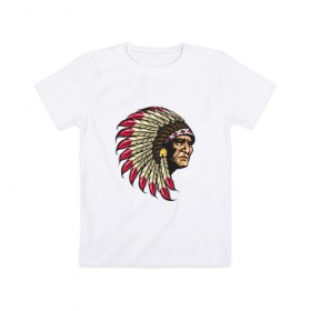 Детская футболка хлопок с принтом Индеец в Екатеринбурге, 100% хлопок | круглый вырез горловины, полуприлегающий силуэт, длина до линии бедер | америка | американец | индеец | индейцы | коренной американец | перья | с индейцом | сша | хипстер