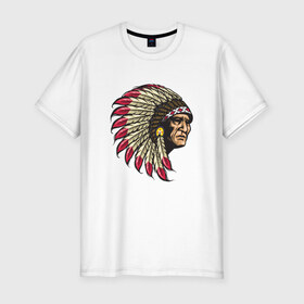 Мужская футболка премиум с принтом Индеец в Екатеринбурге, 92% хлопок, 8% лайкра | приталенный силуэт, круглый вырез ворота, длина до линии бедра, короткий рукав | америка | американец | индеец | индейцы | коренной американец | перья | с индейцом | сша | хипстер