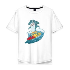 Мужская футболка хлопок Oversize с принтом Акула Серфер в Екатеринбурге, 100% хлопок | свободный крой, круглый ворот, “спинка” длиннее передней части | лето | серфинг | спорт