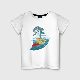 Детская футболка хлопок с принтом Акула Серфер в Екатеринбурге, 100% хлопок | круглый вырез горловины, полуприлегающий силуэт, длина до линии бедер | Тематика изображения на принте: лето | серфинг | спорт