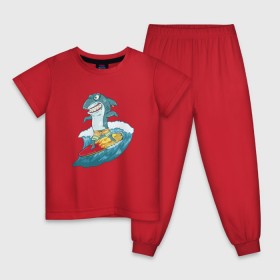Детская пижама хлопок с принтом Акула Серфер в Екатеринбурге, 100% хлопок |  брюки и футболка прямого кроя, без карманов, на брюках мягкая резинка на поясе и по низу штанин
 | Тематика изображения на принте: лето | серфинг | спорт