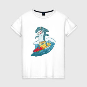 Женская футболка хлопок с принтом Акула Серфер в Екатеринбурге, 100% хлопок | прямой крой, круглый вырез горловины, длина до линии бедер, слегка спущенное плечо | лето | серфинг | спорт
