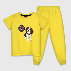 Детская пижама хлопок с принтом Я люблю Бигля в Екатеринбурге, 100% хлопок |  брюки и футболка прямого кроя, без карманов, на брюках мягкая резинка на поясе и по низу штанин
 | Тематика изображения на принте: beagle | бигли | бигль | с биглем | с обакой | собака | собаки | собачки